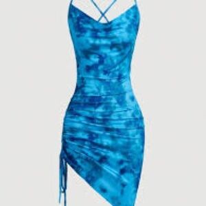 SHEIN Blue Tie-Dye Ruched Asymmetrical Bodycon Dress